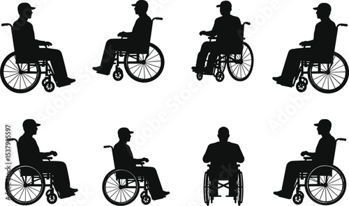 Silhouette set of disabled man in wheelchair from different angles, medical mobility concept, disability support, healthcare accessibility, rehabilitation, physical therapy aid