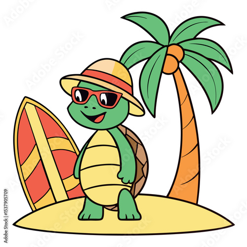 Cartoon turtle wearing sunglasses and hat stands near surfboard with palm tree, transparent background