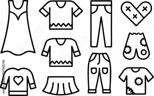 Outline icon set featuring upcycled clothing garments for sustainable fashion design projects