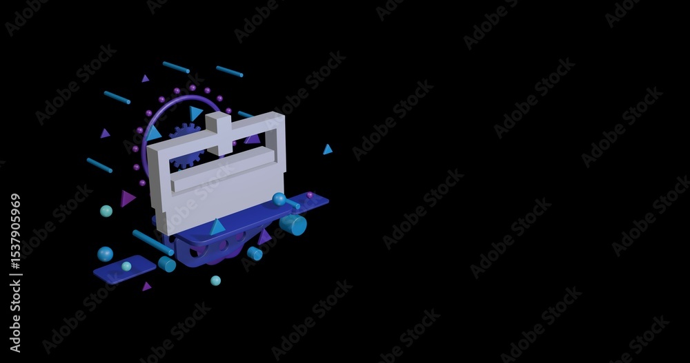 Fototapeta premium White cnc machine symbol on a pedestal of abstract geometric shapes floating in the air. Abstract concept art with flying shapes on the left. 3d illustration on black background