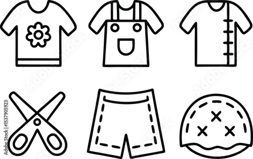 Outline icon set featuring upcycled clothing garments for sustainable fashion design projects