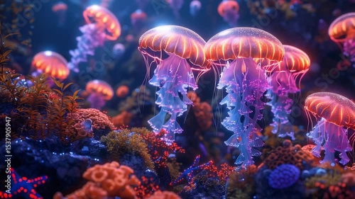 Very realistic and glowing deep sea coral reef with jellyfish