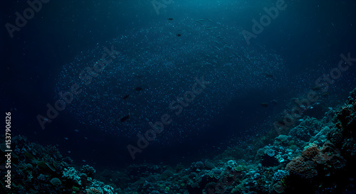 Underwater scene with a school of fish and vibrant coral reef in deep blue ocean