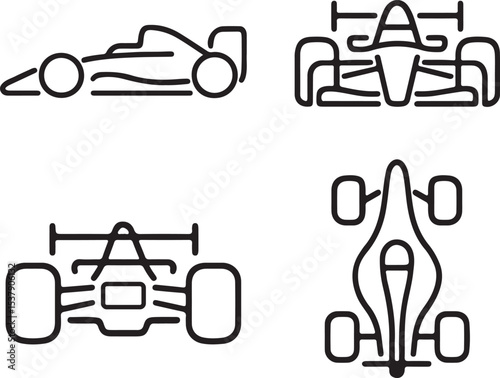 Line drawing racing car icons set side, front, back, and top views vector art illustration