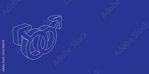 The outline of a large homosexual symbol made of white lines on the left. 3D view of the object in perspective. Vector illustration on indigo background