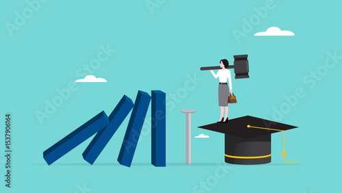 education insurance with woman drives in concrete nails to protect the graduation cap from the beam that will hit it, child education insurance, guarantee for reduced education costs in the future