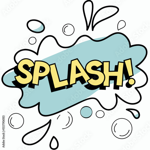Cartoon yellow Splash! word floats in light blue cloud with outlined bubbles and droplets