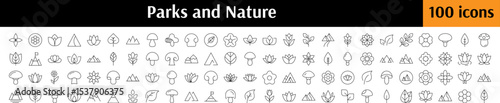 Nature and Parks Icon Set. Contains Icons of Flowers, Leaves, Mountains, Mushroom for Graphics, Concept, Apps