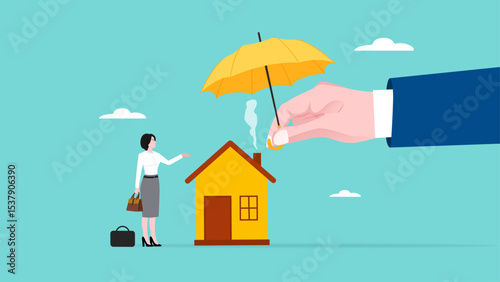 home insurance or homeowners protection, security shield concept, guarantee to protect the house from damage or loss of contents and structure, big businesswoman hand covers the house and its owner