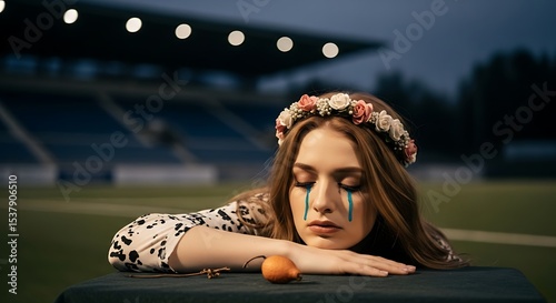 Sad Woman in Floral Crown with Blue Tears near Pear Fruit