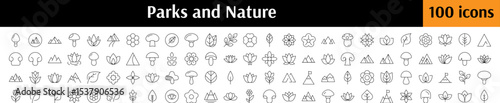 Nature and Parks Icon Bundle. Contains Icons of Flowers, Leaves, Mountains, Mushroom for Graphics, Concept, Apps