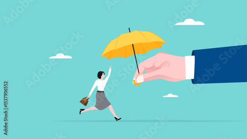 buy insurance for future security, happy woman receives umbrella from big businessman insurance hand