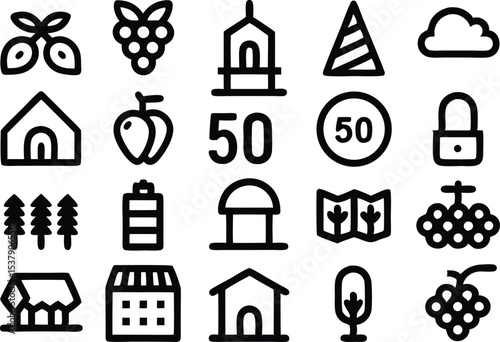 Outline vineyard icon set a single graphic featuring grapes vines and wine related imagery