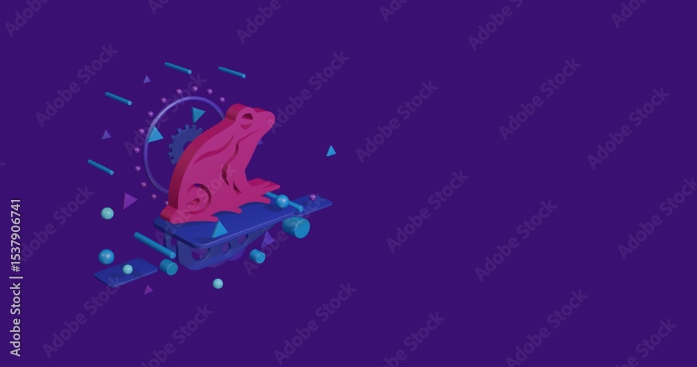 Obraz premium Pink frog symbol on a pedestal of abstract geometric shapes floating in the air. Abstract concept art with flying shapes on the left. 3d illustration on deep purple background