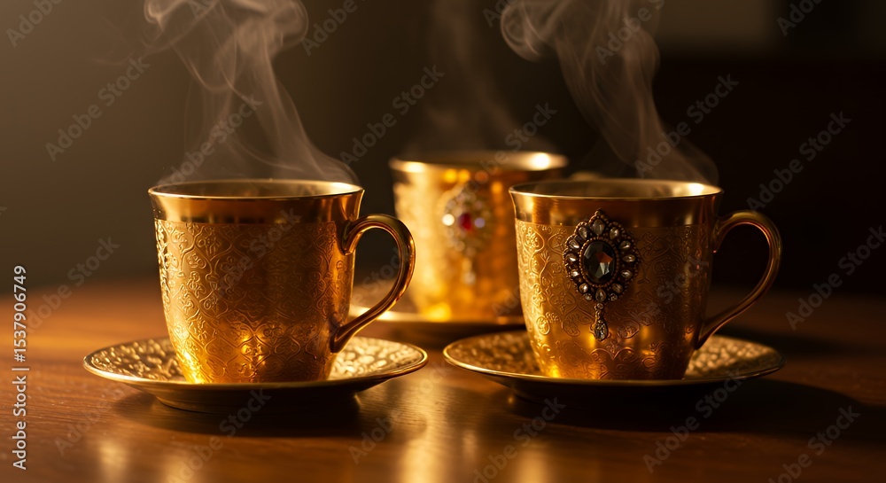 Fototapeta premium Golden Tea Cup with Steam