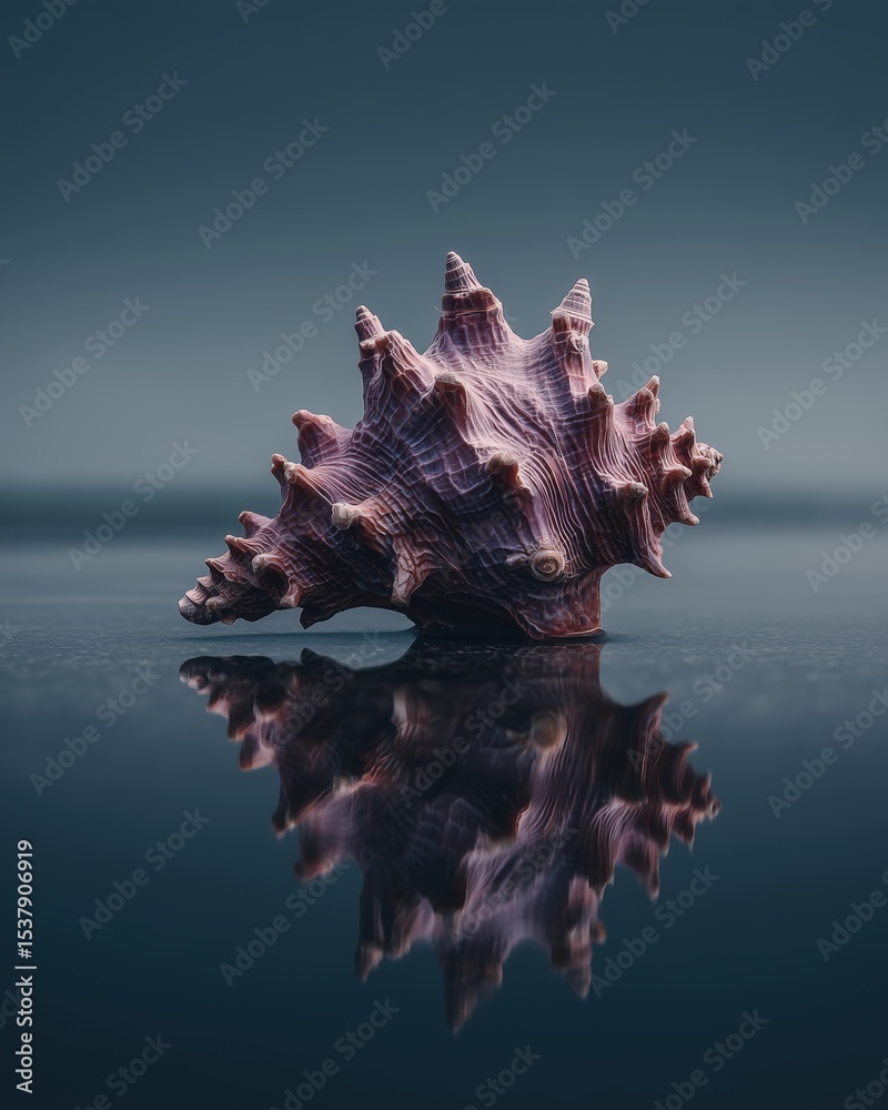 Fototapeta premium Sole Conch Shell Reflection on Calm Water, DarkBackdrop, High Contrast, Surreal Clean Aesthetics