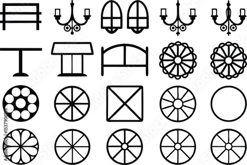 Flat icon set of wagon wheel decor designs for western or rustic themes