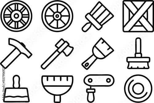 Outline icon set for wagon wheel restoration a collection of repair and maintenance symbols