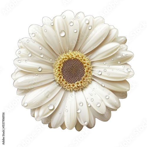 Close-up of a pristine white daisy with dew drops