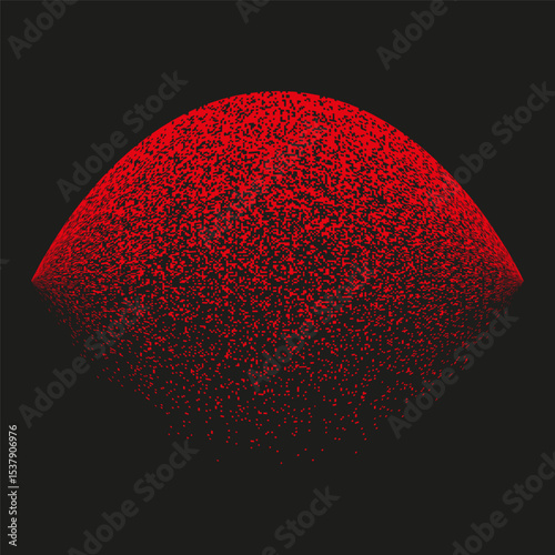 Red dome shape. Particle arc vector. Abstract curved form. Dark background structure.