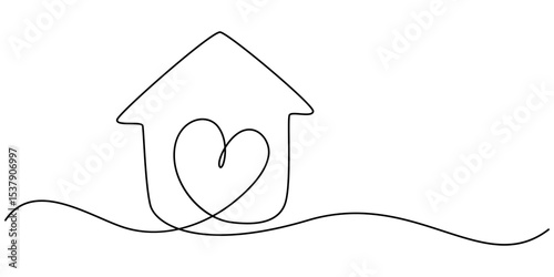 Home Sweet Home Continuous Line Icon, Minimalistic One Line Drawing of House within Heart Shape Symbolizing Home Love. eps 10, Heart inside a house drawn with one continuous line. The concept of love.