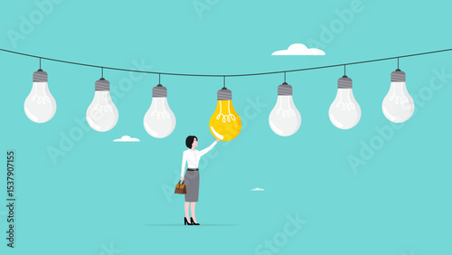 different ideas or strategies to achieve success, success in finding profitable business opportunities, Smart business woman chooses a light bulb that is on from several that are off