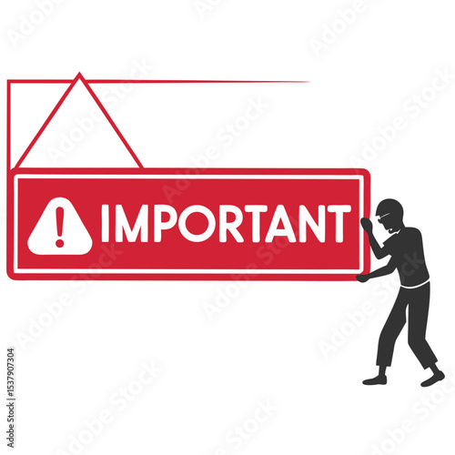 Man carries a bright red warning sign emphasizing important information on a transparent background