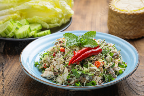 Mackerel salad, traditional Thai food, spicy and refreshing. The concept of authentic Thai food recipes that are highly popular.