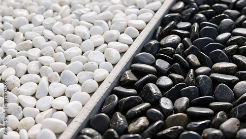 White and black pebbles in a tray. Two different colors, side by side.
