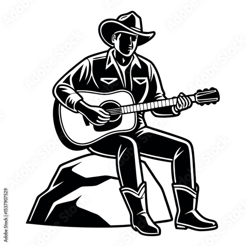 Monochrome drawing shows a cowboy wearing a hat while playing guitar sitting atop a rock