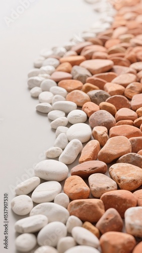 A beautiful arrangement of pebbles, with smooth, rounded stones of contrasting colors creating a visually appealing pattern. The different colored stones are neatly arranged.