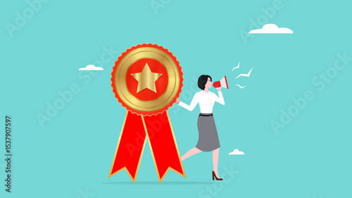 Employee of the month award winner announcement, reward or recognition for good performance, high performance champion on office, business woman announces Employee of the month winner with megaphone