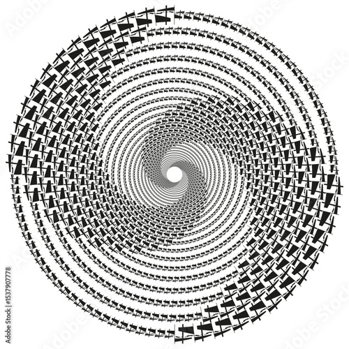 Rotating cube spiral. Depth illusion vector. Abstract curved symmetry. Black motion pattern.