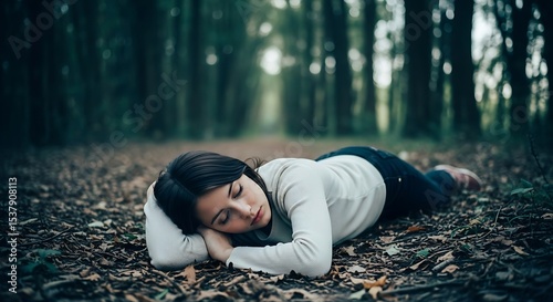 Serene woman resting in forest, peaceful moment of solitude with nature