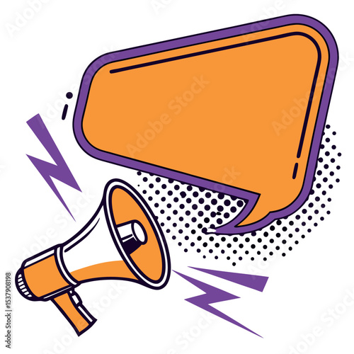 Retro orange megaphone announces news with purple lightning and dotted effect on transparent backdrop