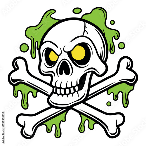 skull with bright yellow eyes sits above crossed bones dripping bright green slime