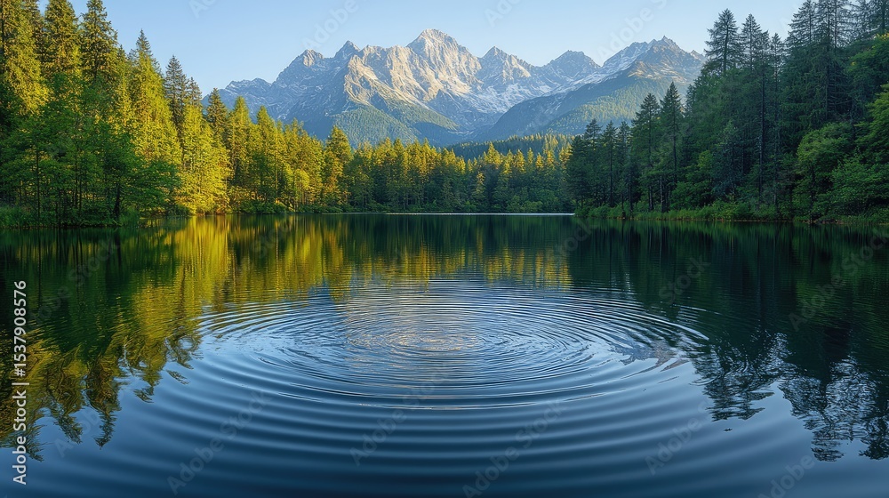Fototapeta premium Serene mountain lake ripples reflect alpine peaks