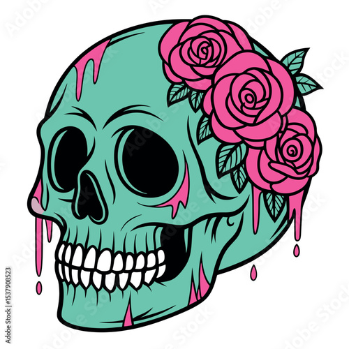 Turquoise skull drips vibrant pink with roses gracefully adorning its side on a transparent backdrop