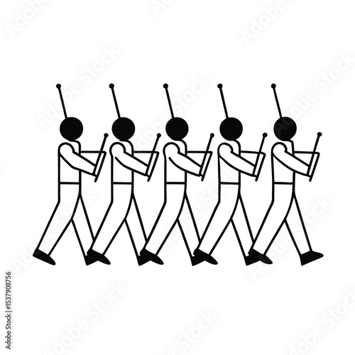 A vibrant illustration of a marching band in full uniform performing with instruments and flags showcasing dynamic movement and musical energy