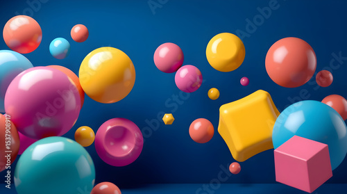 Colorful geometric shapes floating on blue background