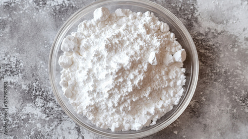 Top view of fine white powdered zinc oxide in a clear glass petri dish. Crystalline texture captured in a clean, minimal scientific setup on a neutral grey background. Macro-style laboratory photo.

