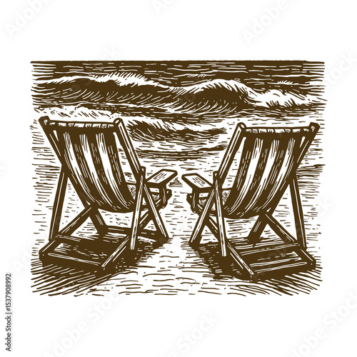 Vintage Beach Chairs Illustration, Seaside Deck Chair Drawing, Coastal Summer Scene, Retro Vacation Print