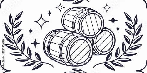 Wine barrels arranged with leaves and stars in seamless vector pattern  
