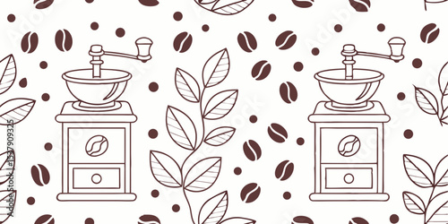 Coffee grinder seamless vector pattern with leaves and beans  
