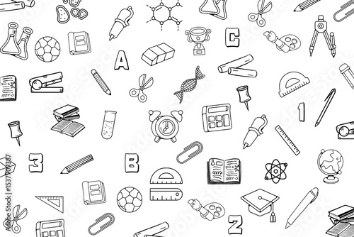Various of school elements seamless set on white background. Sketch of stationary on white board. Line art of back to school