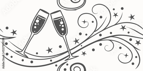 Two champagne flutes clinking with decorative swirls and stars - Concept of seamless vector pattern  