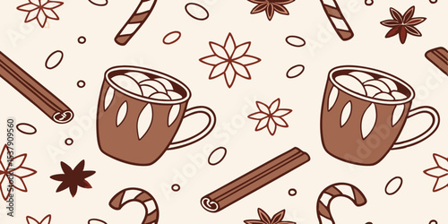 Seamless vector pattern with cocoa mugs, cinnamon, and candy canes  