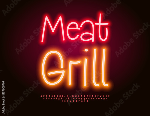 Vector Neon banner Meat Grill. Bright Glowing Font. Led Light Alphabet Letters and Numbers set. 