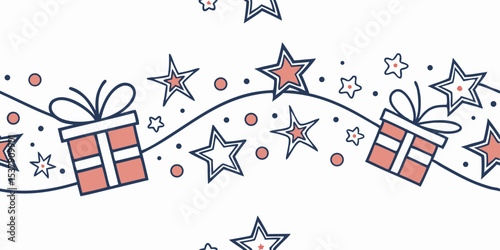 Seamless vector pattern with gift boxes and stars on a white background  
