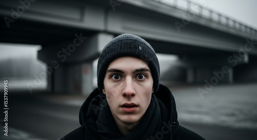 Startled Young Man With Wide Eyes Stands Beneath Concrete Overpass